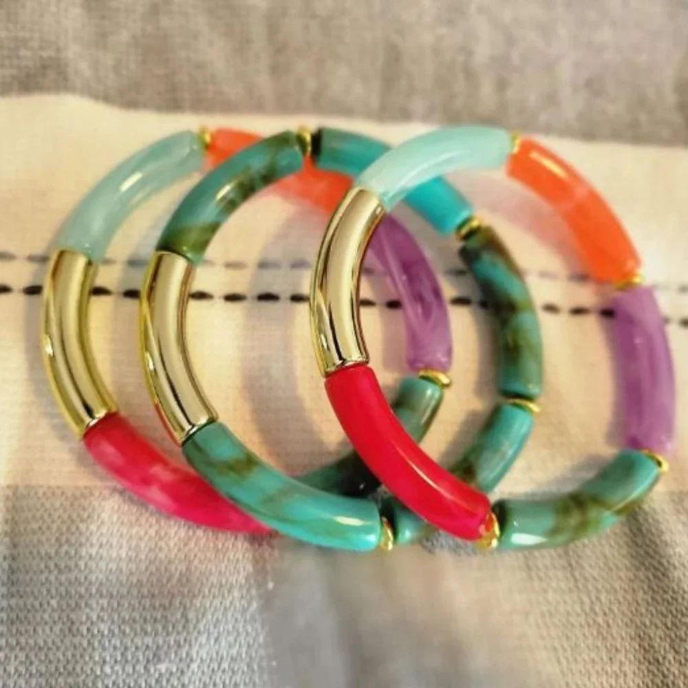 Colorful Tube Bead Bangle | Bamboo Style Stretch Bracelet